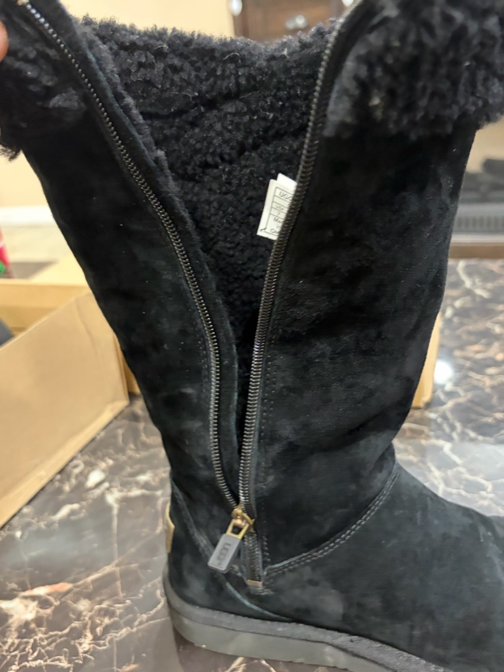 UGG Black Suede Short Shearling Boots with Branded Heel Patch-Size 7 Women’s. - Picture 3 of 8